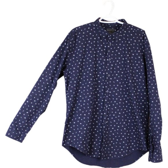 Zara Men Button Down Shirt XL Headphones Print Navy Blue Music Lover CA282 - Picture 2 of 6